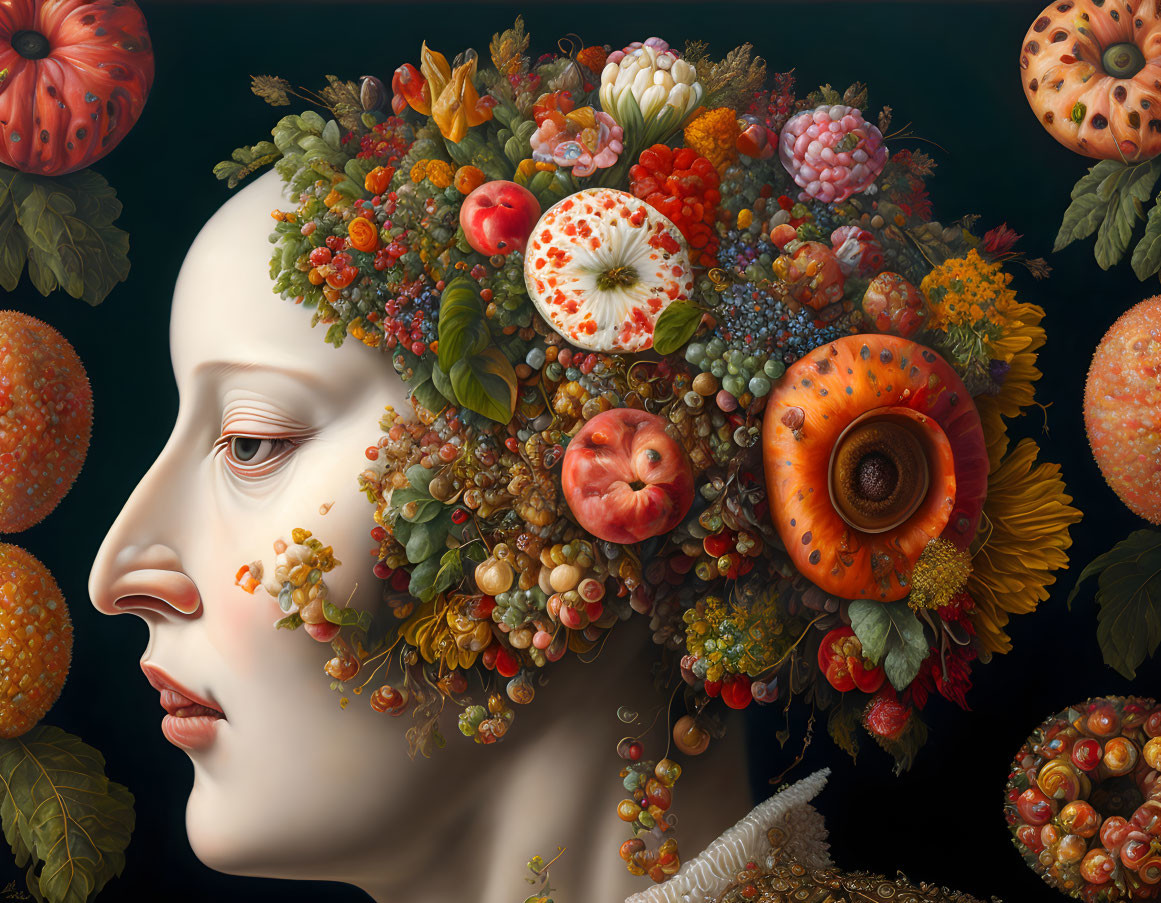 Person wearing elaborate fruit, flower, and plant headpiece with rich colors and intricate details