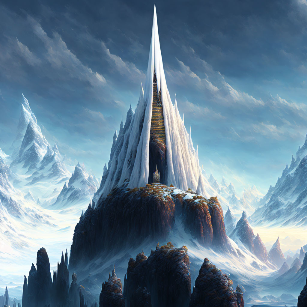 Snow-covered fantasy landscape with towering mountain peak and green plateau