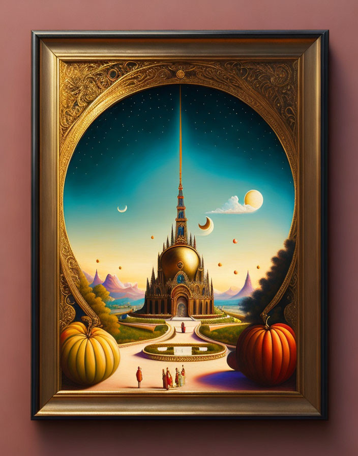 Surreal framed painting of night scene with castle, celestial bodies, pumpkins, and tiny figures