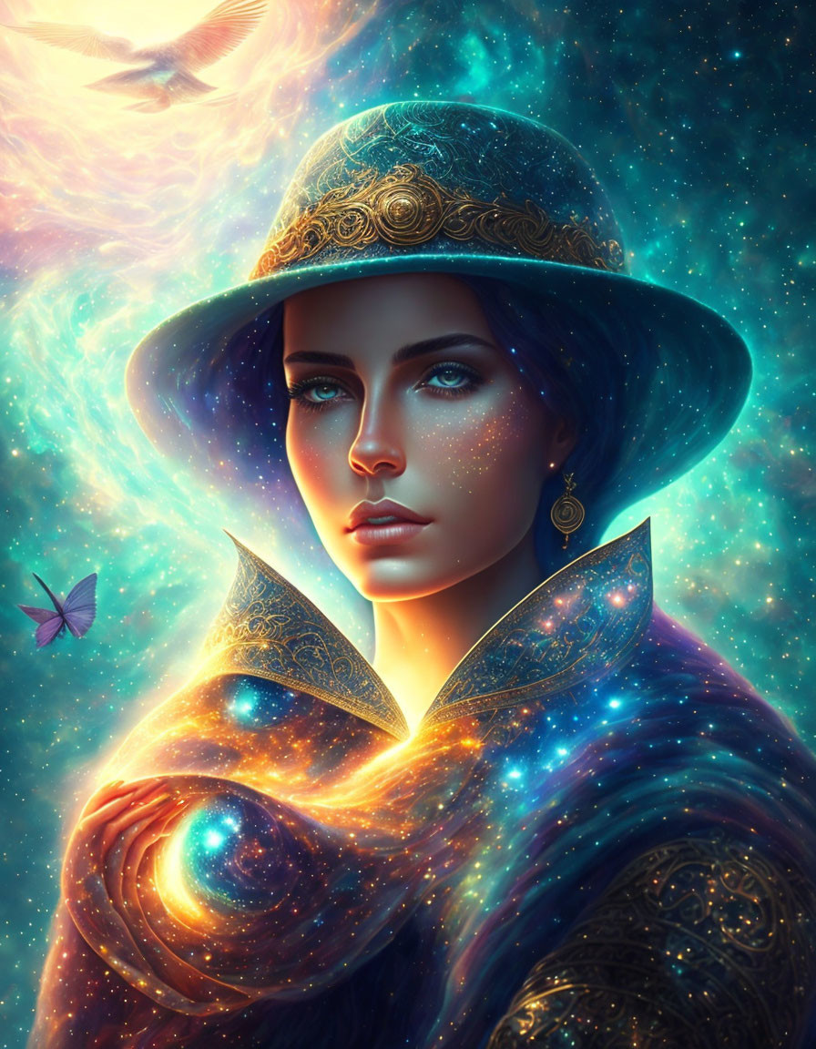 Mystical woman with galaxy cloak, phoenix, butterfly in starry setting