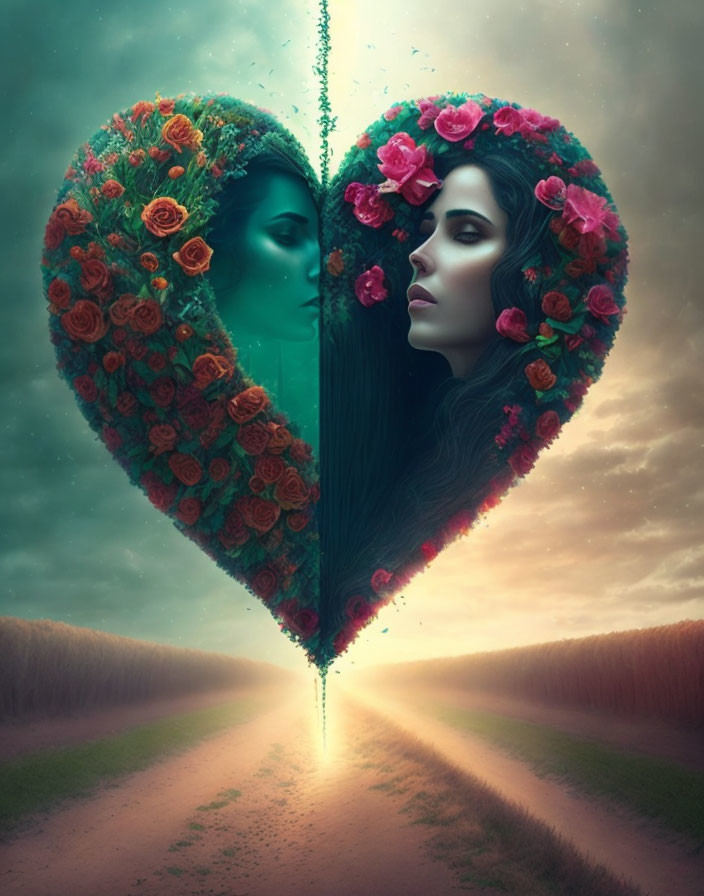 Heart-shaped artwork of woman's face with mirrored rose adornments on surreal background.