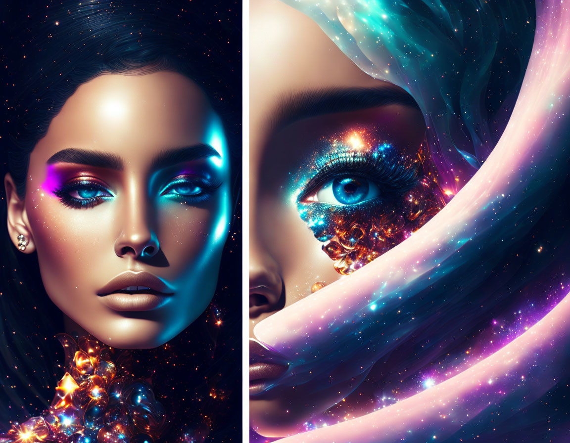 Surreal image of woman with cosmic makeup and glitter swirl