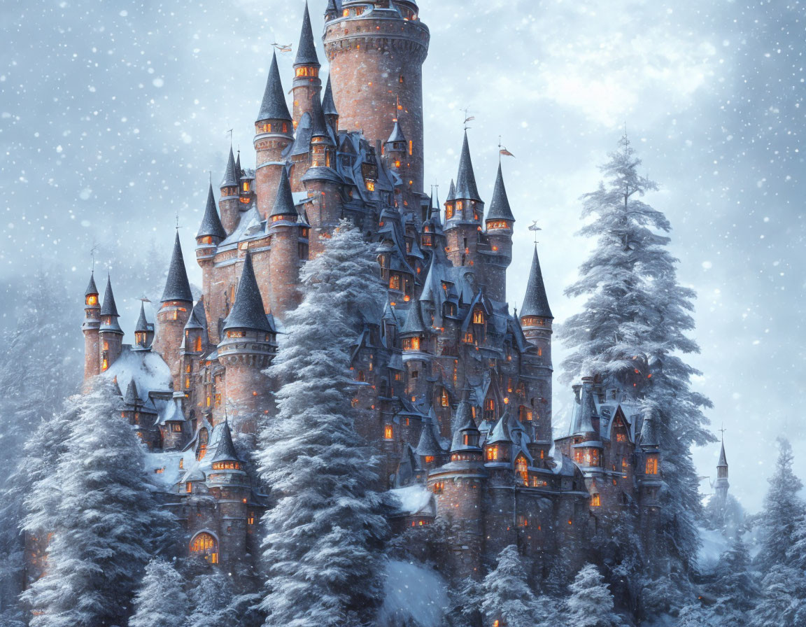 Snowy landscape with enchanting castle and spires