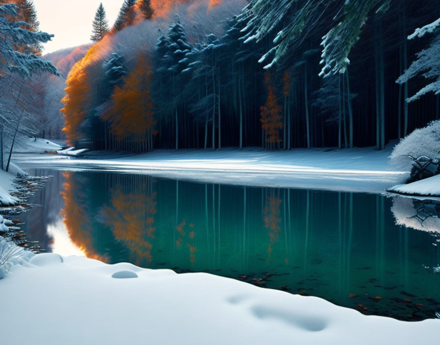 Tranquil winter landscape with snowy lake and autumn forest