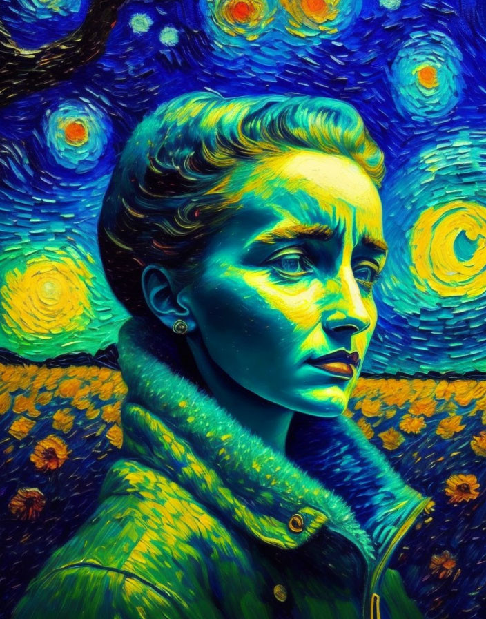 Colorful portrait of a woman in Van Gogh's "Starry Night" style