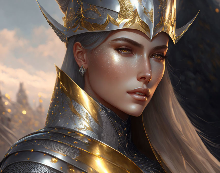 Regal Female Figure in Golden Armor and Helmet