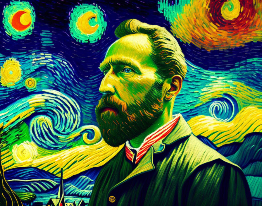 Stylized portrait of bearded man in vibrant backdrop inspired by Van Gogh