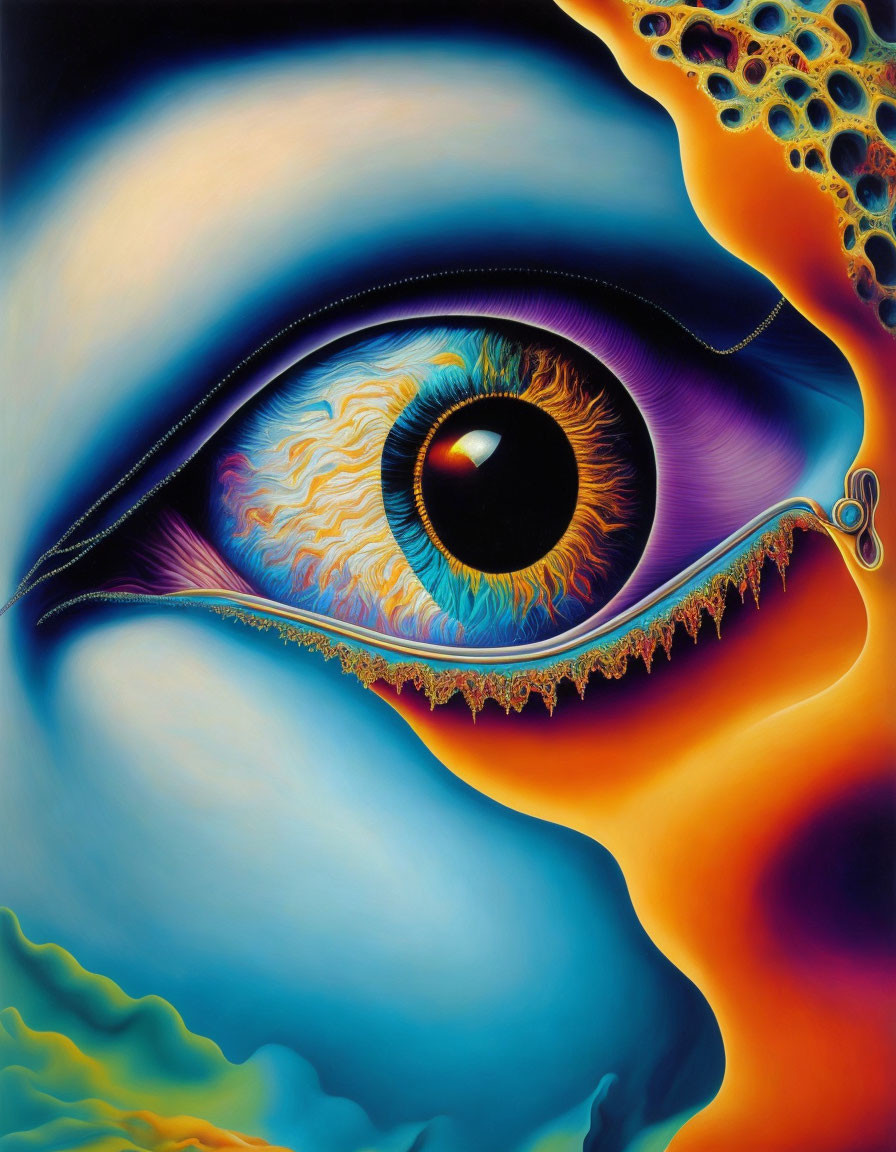 Colorful surreal painting of an eye with intricate details in orange, blue, and yellow hues.