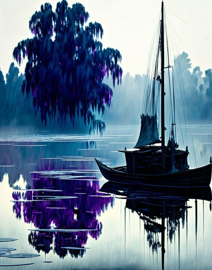 Tranquil blue-toned boat on mirror-like lake with weeping willow tree