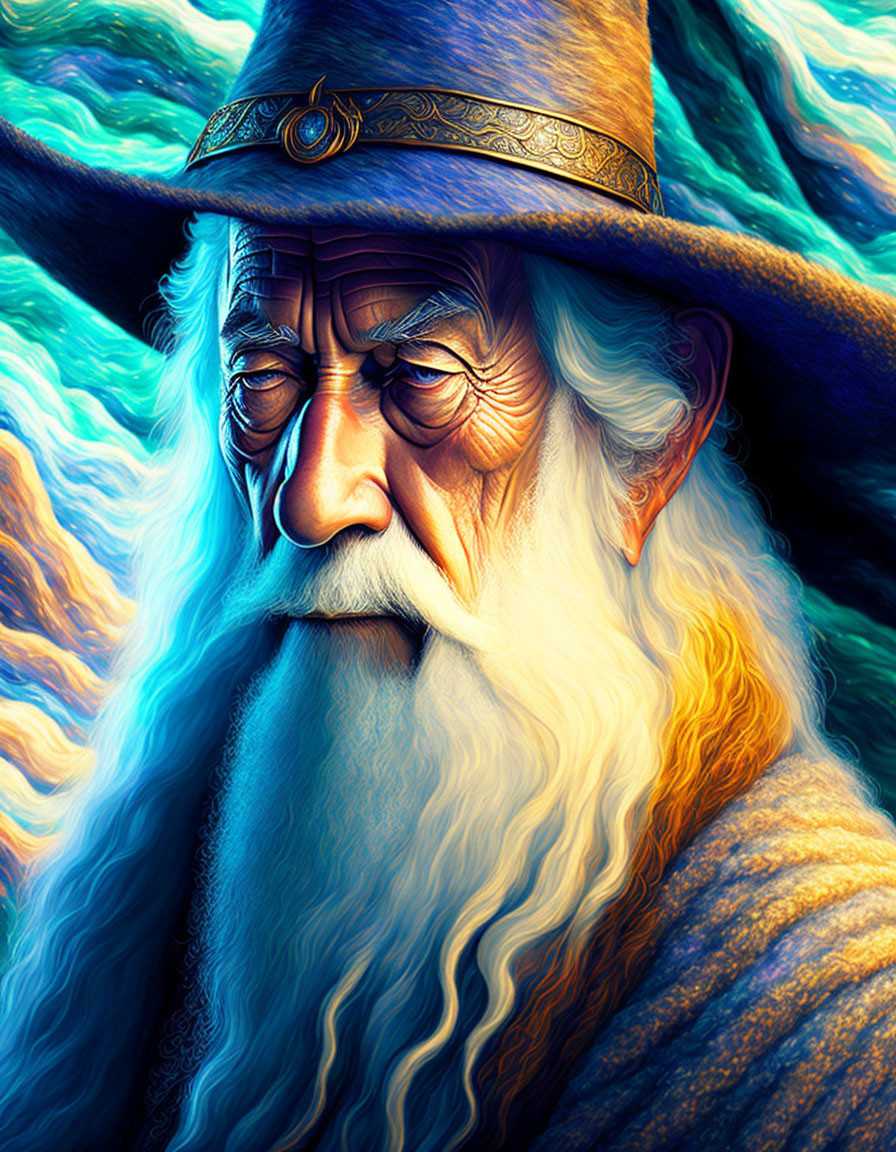 Elderly wizard digital art with long white beard and pointed hat