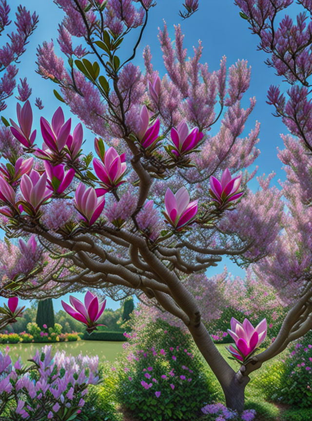 Lush Garden Scene with Pink and Purple Magnolia Blossoms