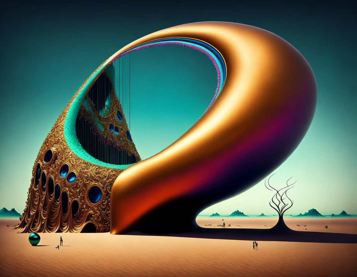 Surreal desert landscape with horn-like structure and lone tree