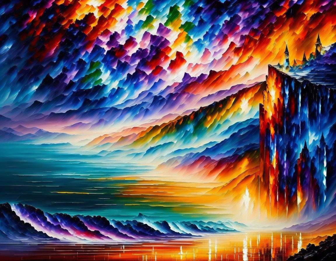 Abstract landscape painting with fiery sky, undulating waves, and cascading waterfall