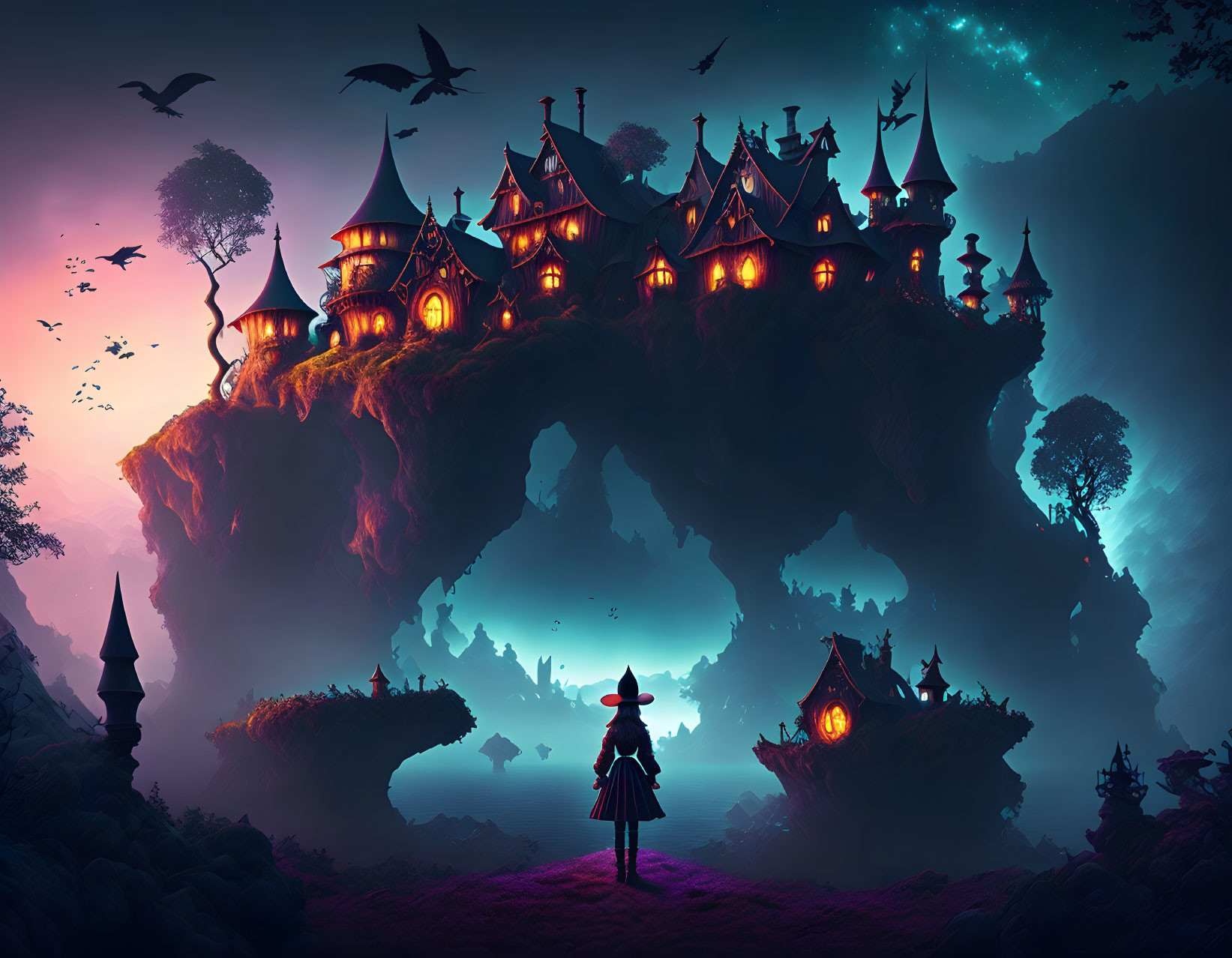 Whimsical floating island with illuminated houses and silhouetted figure in dusk sky