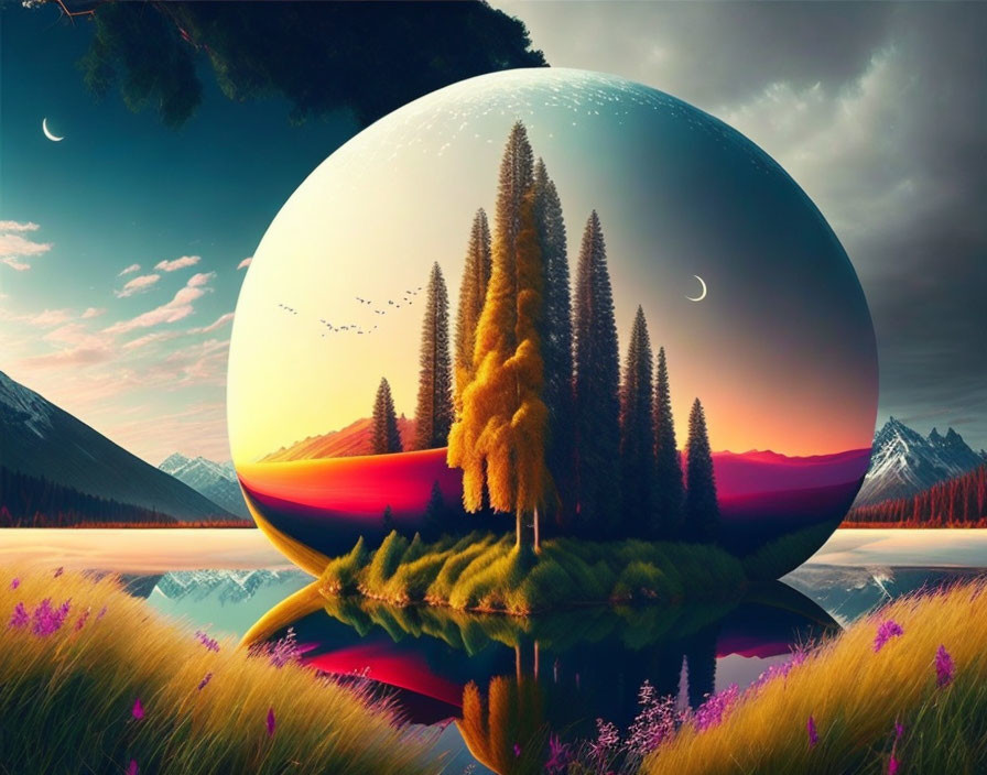 Surreal landscape with reflective sphere, forest, sunset, lake, and mountain.