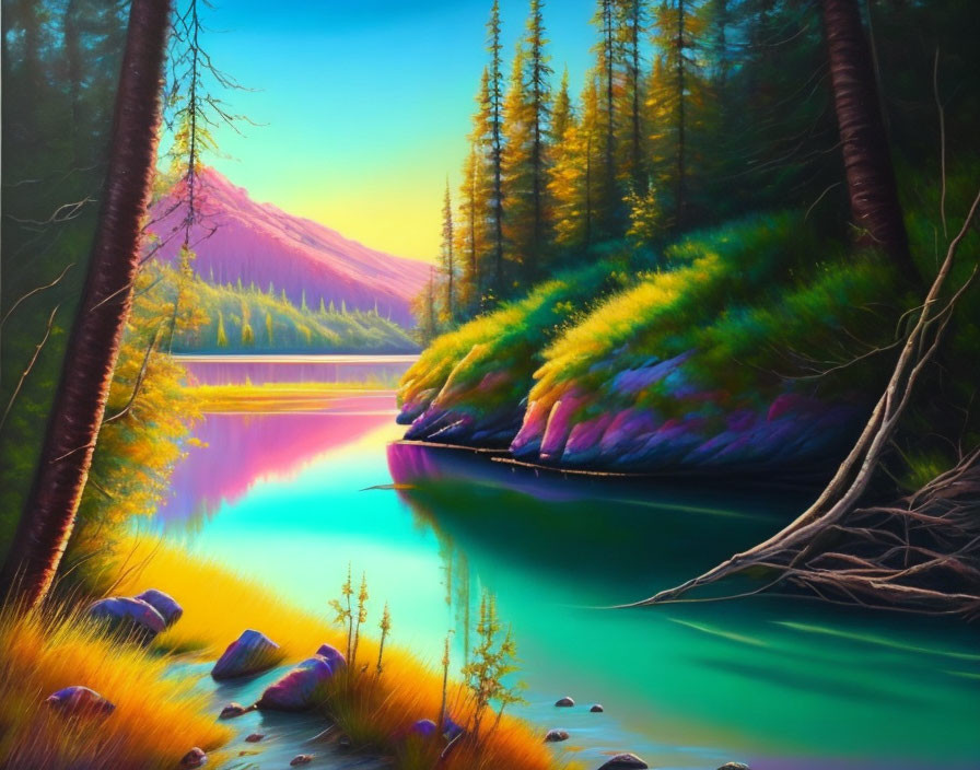 Tranquil landscape: Turquoise lake, lush greenery, sunset glow