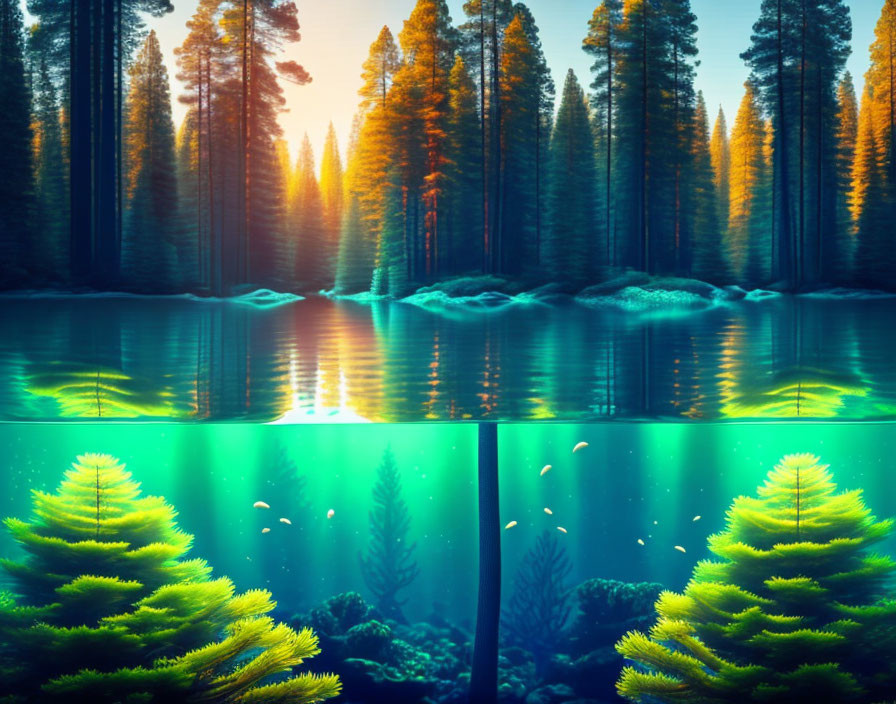 Tranquil Lake Scene: Sunrise or Sunset, Underwater Plants, Fish, Forest Reflection