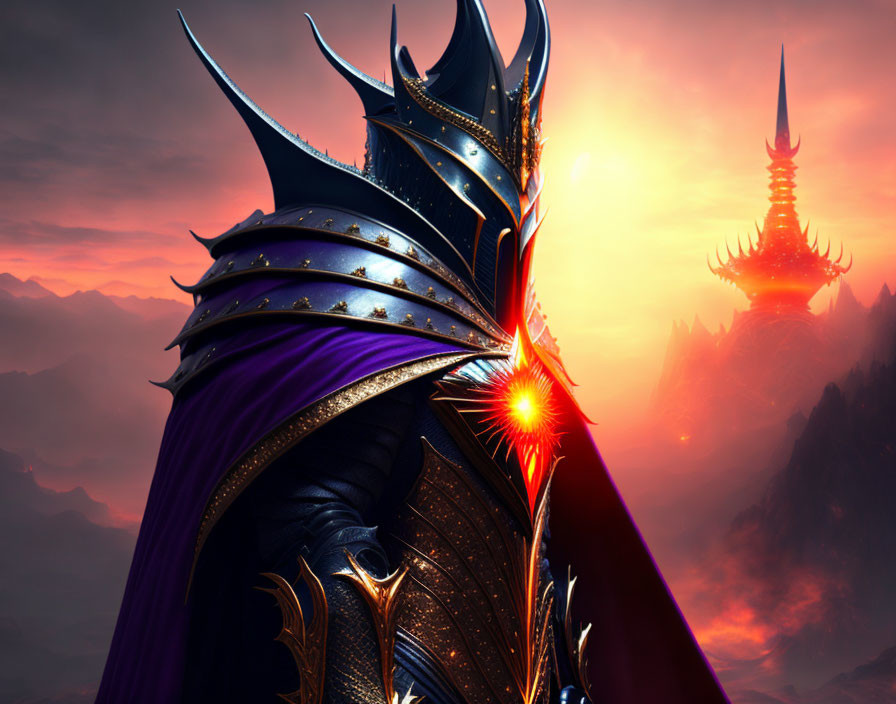 Armored knight in black and gold armor at sunset with red crystal and distant spire