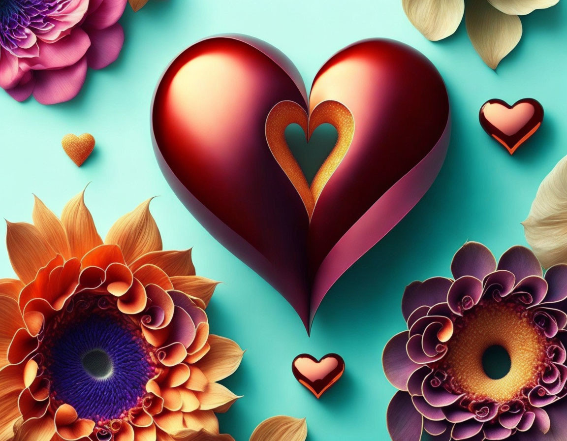 Colorful Heart and Flowers on Teal Background: Symbol of Love and Affection