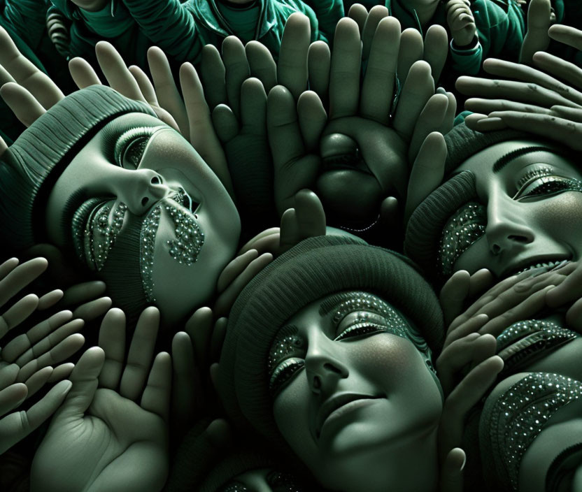 Surreal image: Green faces with rhinestones & hands in dark space