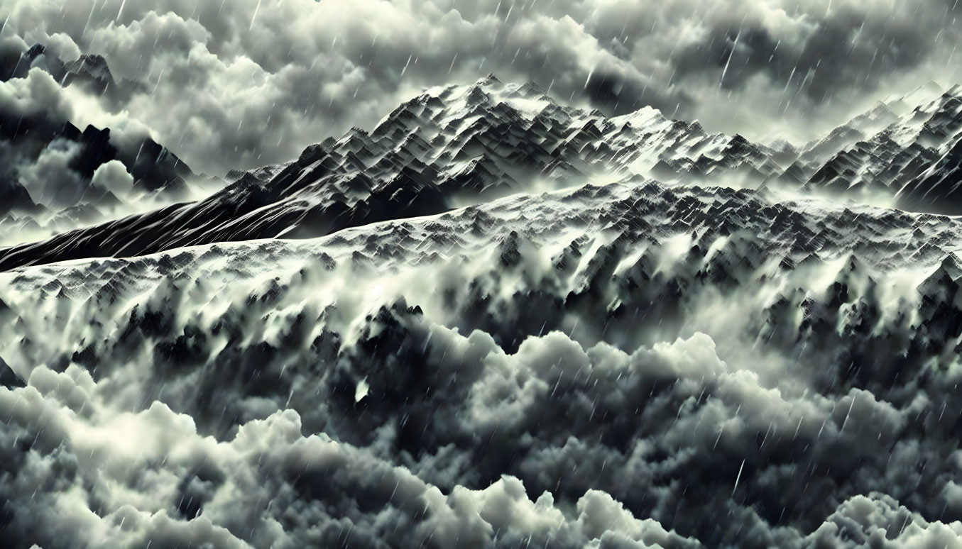 Monochrome mountain range in mist with rugged terrain and overcast sky