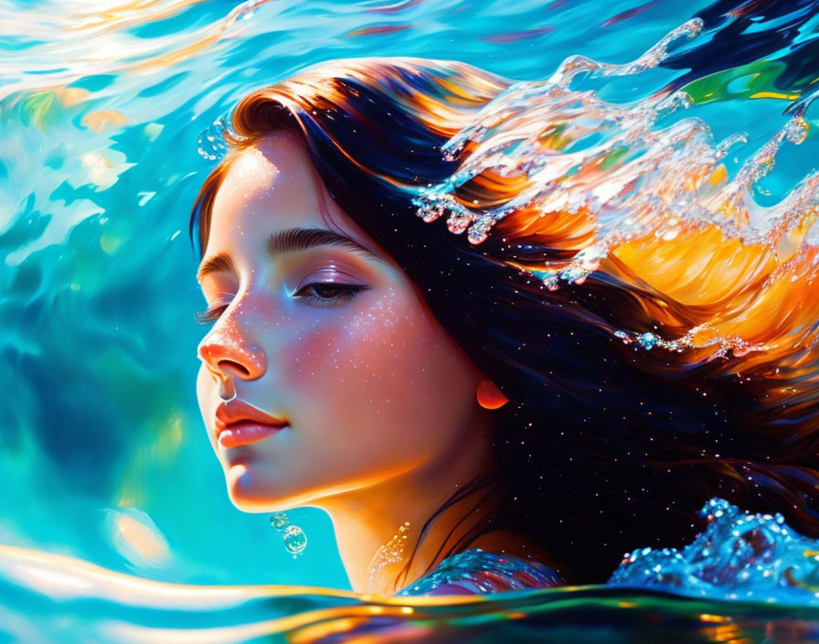 Colorful portrait of a woman half-submerged in water with flowing hair