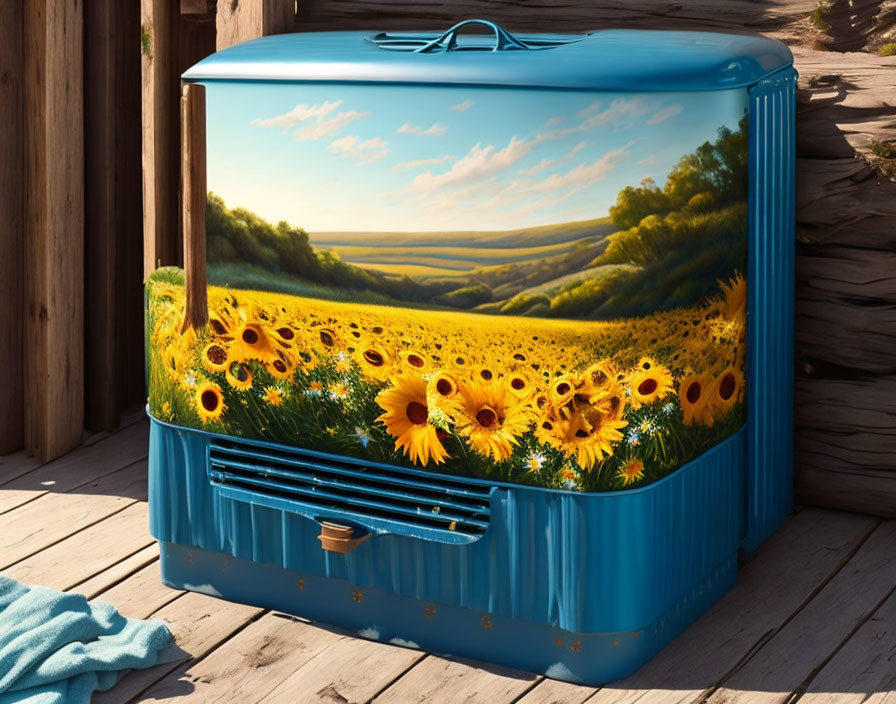 Blue Portable Cooler with Sunflower Field Design on Wooden Porch