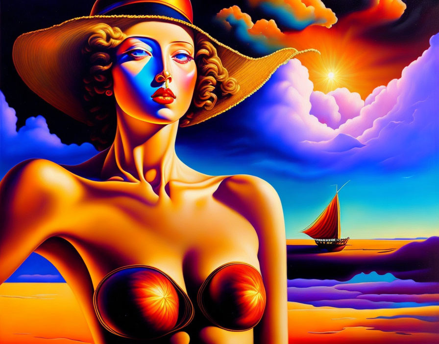 Surrealist painting: Woman with sunhat, sunset seascape torso, boat on horizon.