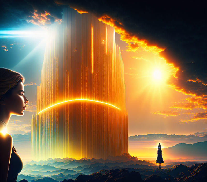 Woman admires glowing futuristic structure in mountain landscape.