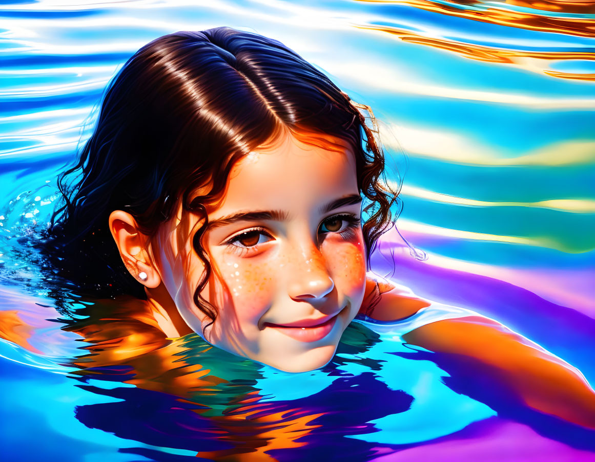 Digital illustration: Young girl with dark hair and freckles smiling in vibrant blue water.