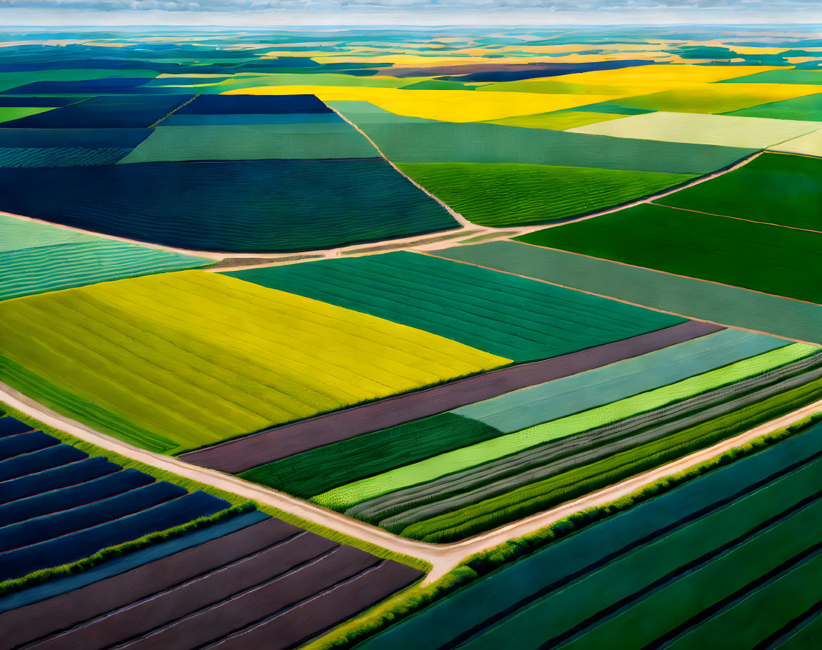 Colorful agricultural fields and winding roads from above.