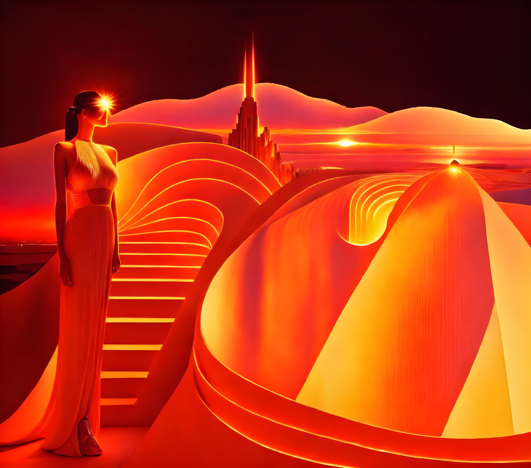 Woman in surreal desert landscape with futuristic city and crimson sky