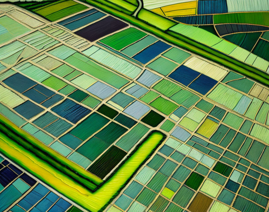 Farmland Patchwork in Green and Yellow with Geometric Roads