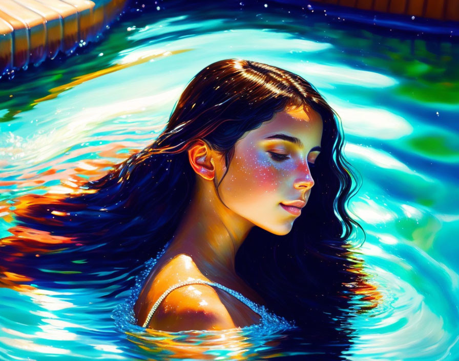 Dark-haired woman peacefully floating in vibrant blue pool