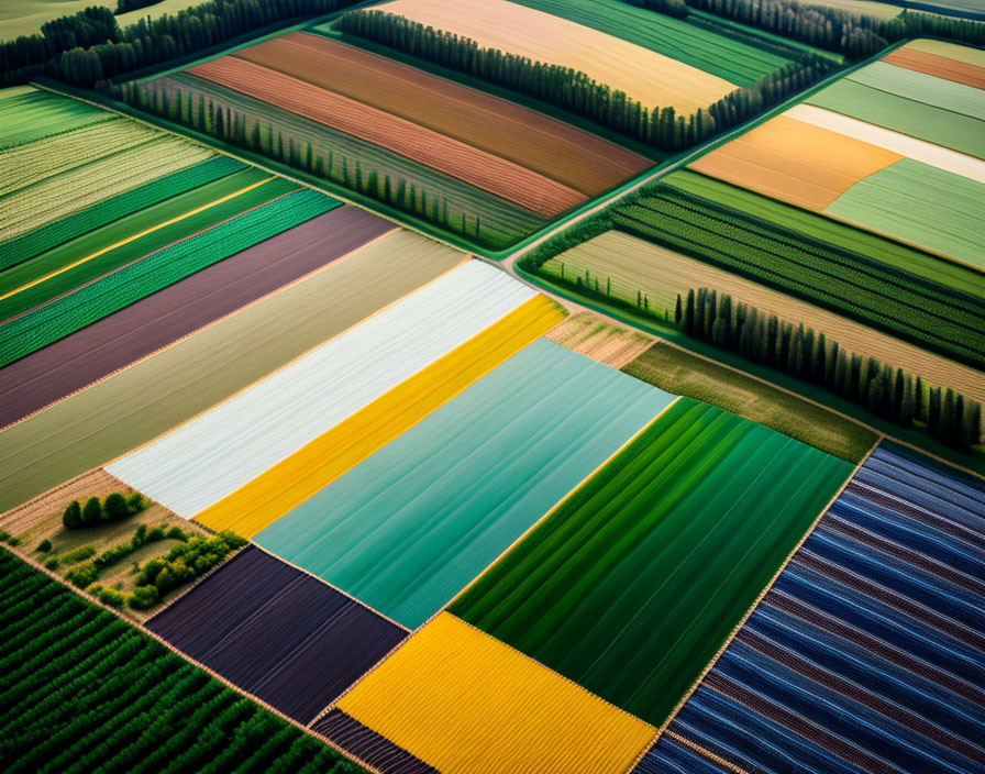 Vibrant aerial view of colorful patchwork agricultural fields