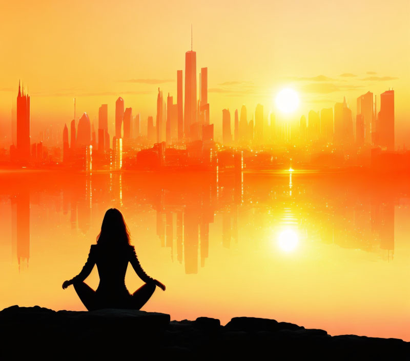 Silhouette of person meditating by calm lake at sunrise