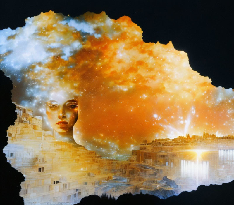 Surreal collage: Woman's face with celestial elements and ancient ruins