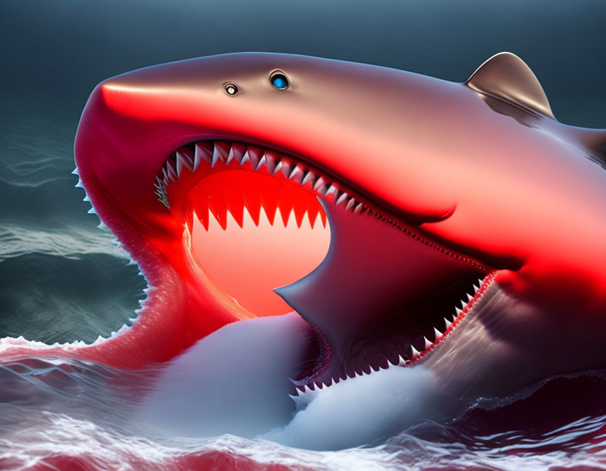 Large Red and White Shark Breaching Ocean Surface in Digital Art