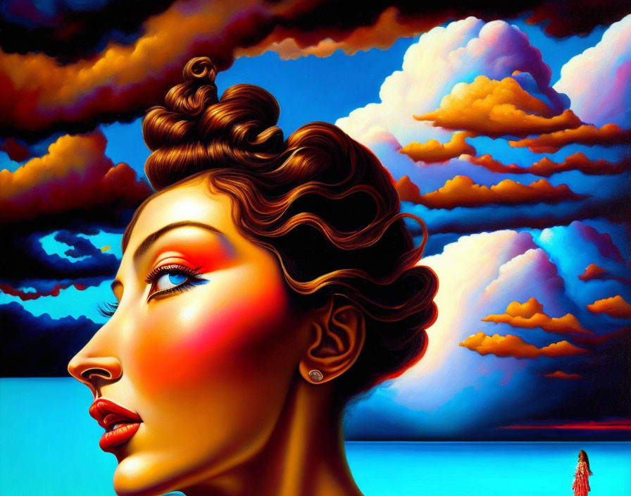 Surreal artwork: oversized woman profile, dramatic clouds, tiny figure