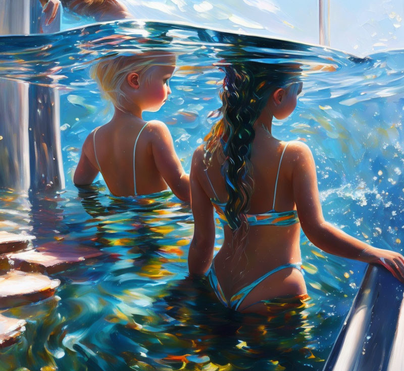 Girls in swimwear standing in water with sunbeam reflections.