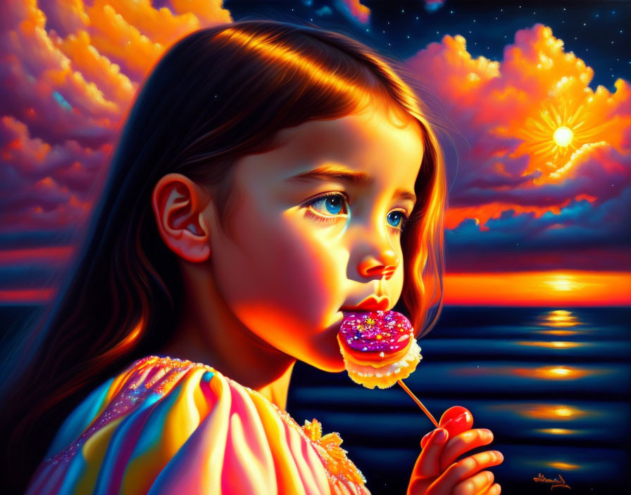 Young girl with long hair enjoying lollipop at vibrant sunset beach