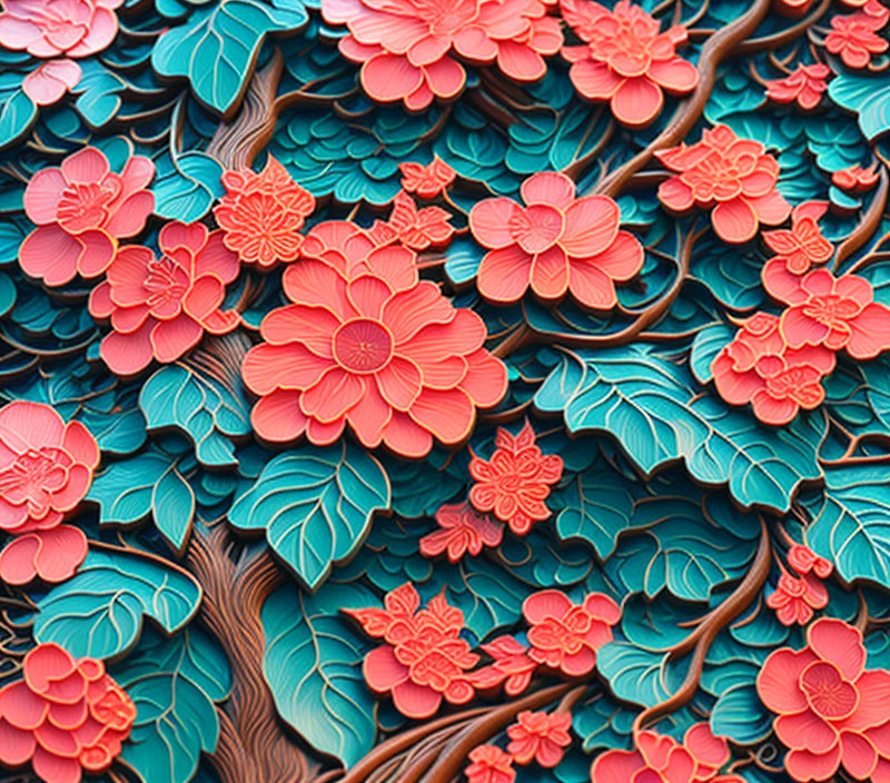 Detailed Clay Relief Artwork: Red and Pink Flowers with Green Leaves