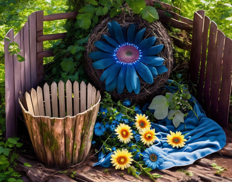 Blue fabric with yellow flowers, large blue flower in twig nest, wooden fence – picturesque outdoor scene