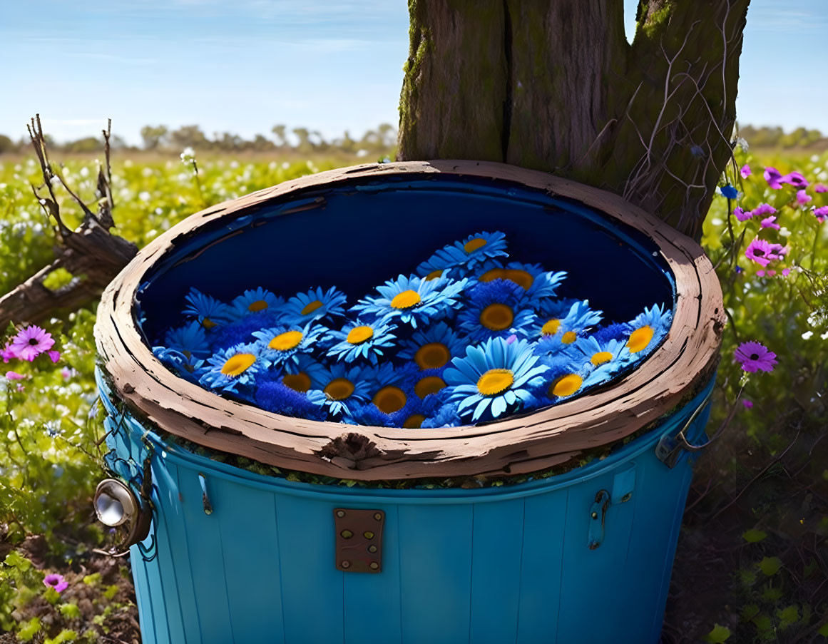 Blue Barrel Floating Daisies by Tree and Wildflowers