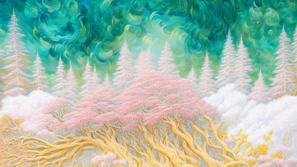 Vibrant trees in surreal landscape with swirled sky