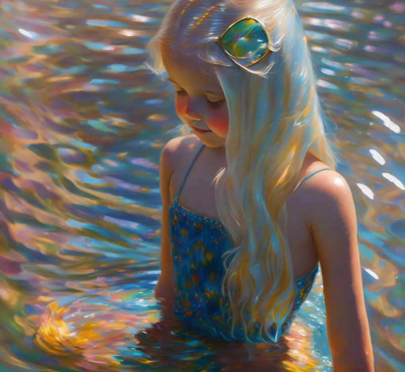 Blonde girl with sunglasses in water under colorful reflections