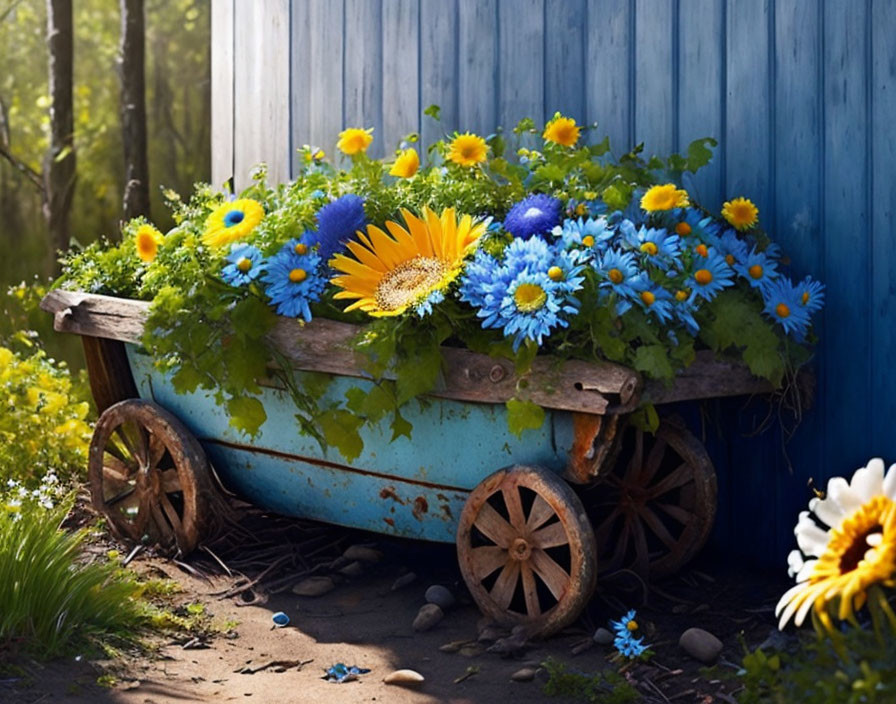 Vintage wooden wheelbarrow planter with blue and yellow flowers against blue fence