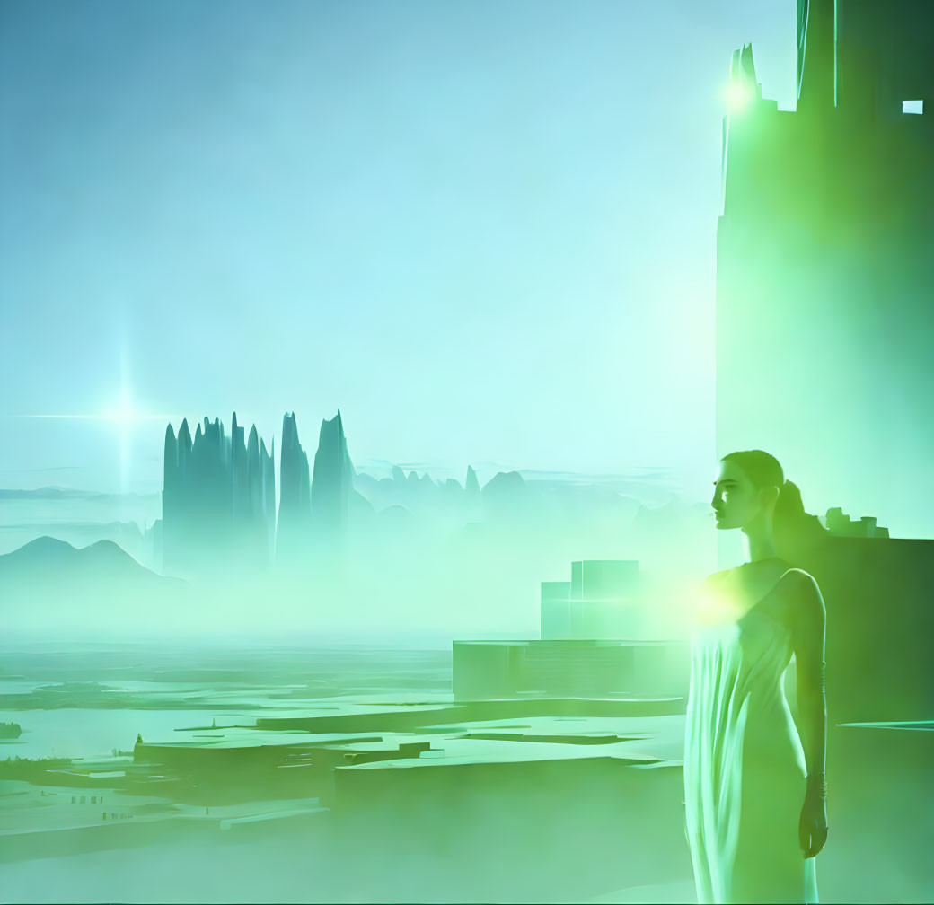 Person Contemplating Futuristic Green Cityscape