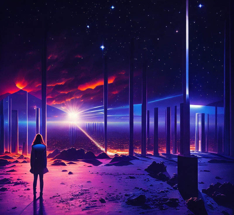 Person standing among towering light pillars under starry sky and vibrant sunrise.