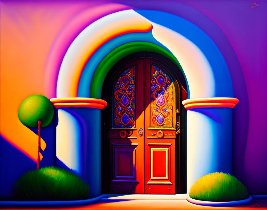 Colorful Surreal Artwork: Stylized Door, Columns, Rainbow Arch, Tree